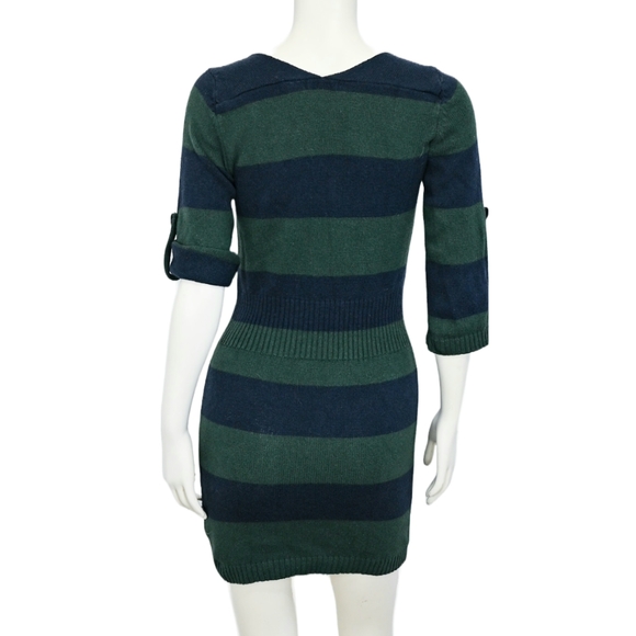 Y2K Rugby Striped Sweater Dress Tunic Bodycon Blue and Green Preppy Vintage - Picture 3 of 3